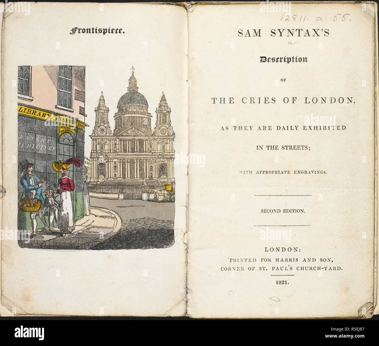 Vue d'une bibliothèque, et une église. Syntaxe Sam's Description des cris de Londres ... Deuxième édition. et suivants 17. Harris & Fils : Londres, 1821. Source : 12811.a.55 Frontispice et page de titre. Banque D'Images