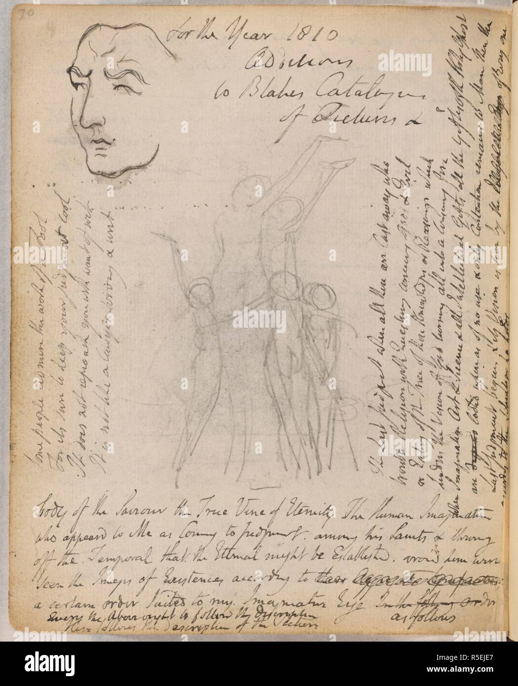 Des croquis et des poèmes de Blake. Ordinateur portable de William Blake. L'Angleterre ; années 1787-1818. [Ensemble] folio Croquis d'un visage sévère, a décrit comme un masque. Grand sketch des trois tisserands, liés à Blake Arlington Court photo ; tous les navettes, l'un est un enfant, qui associe à deux autres autour de l'adulte. Projet d'autographe de Blake's Poem ' certaines personnes d'admirer le travail de l'insensé' ; et les lignes de "Vision du Jugement dernier' Image prise du portable de William Blake. Publié à l'origine/produit en Angleterre ; années 1787-1818. . Source : ajouter. 49460, f.36v. Langue : Anglais. Banque D'Images