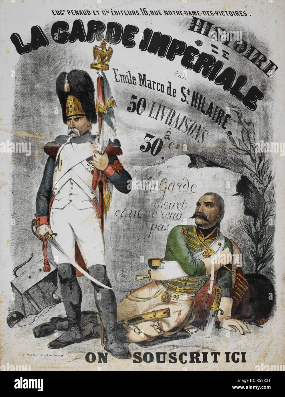 "Histoire de la garde imperiale'. Illustration couleur montrant un grenadier napoléonien français de la vieille garde impériale, tenant un aigle impérial. Un dragon blessé est sur le terrain. [Une collection de publicités et prospectus de publications en français]. Paris, 1850 -55. Source : N.Tab.2008/3, n° 10. Banque D'Images