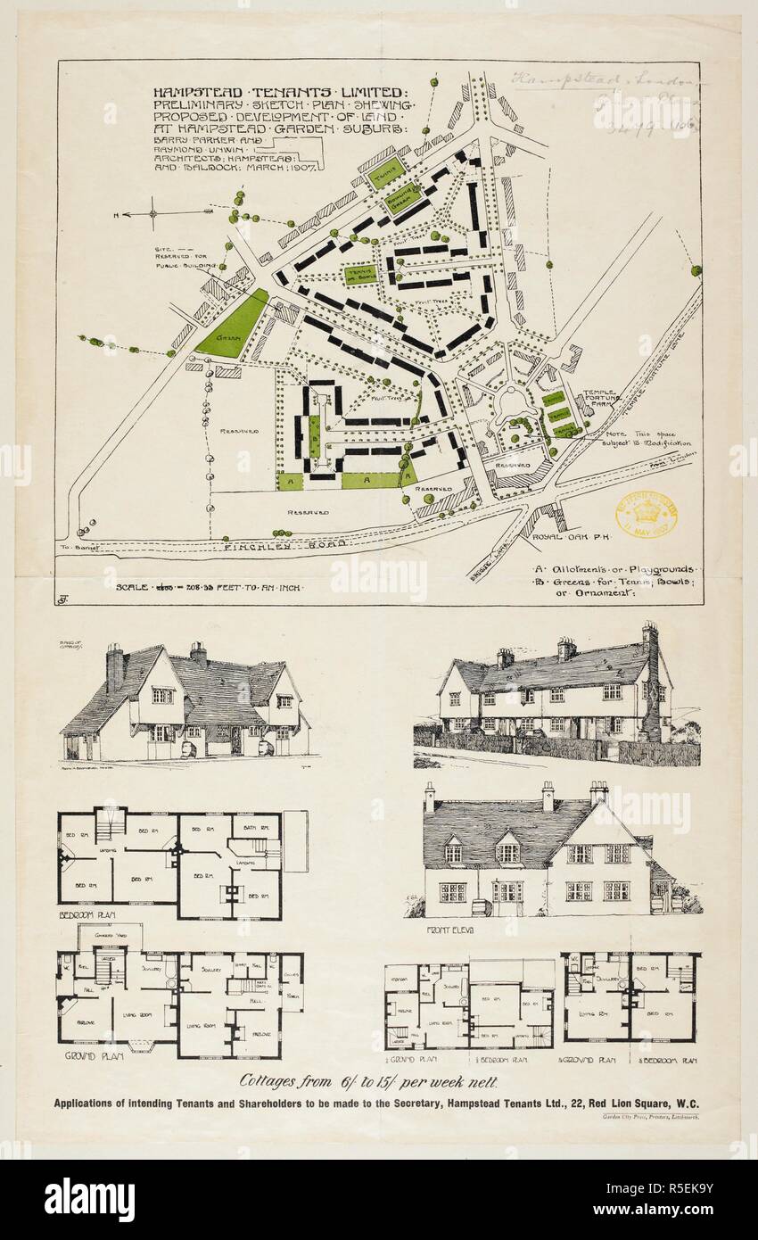 Un plan préliminaire indiquant l'aménagement proposé du terrain à Hampstead Garden Suburb. Hampstead locataires limitée. Croquis préliminaire Plan, qui fais l'aménagement proposé de terres à Hampstead Garden Suburb. Barry Parker et Raymond Unwin, architectes ... L'échelle, 1 : 2 500  = 208,33 pieds jusqu'à un pouce. [Avec les plans et vues de cottages]. Londres : Hampstead locataires, Ltd., 1907. Source : Maps 3479.(106). Langue : Anglais. Banque D'Images