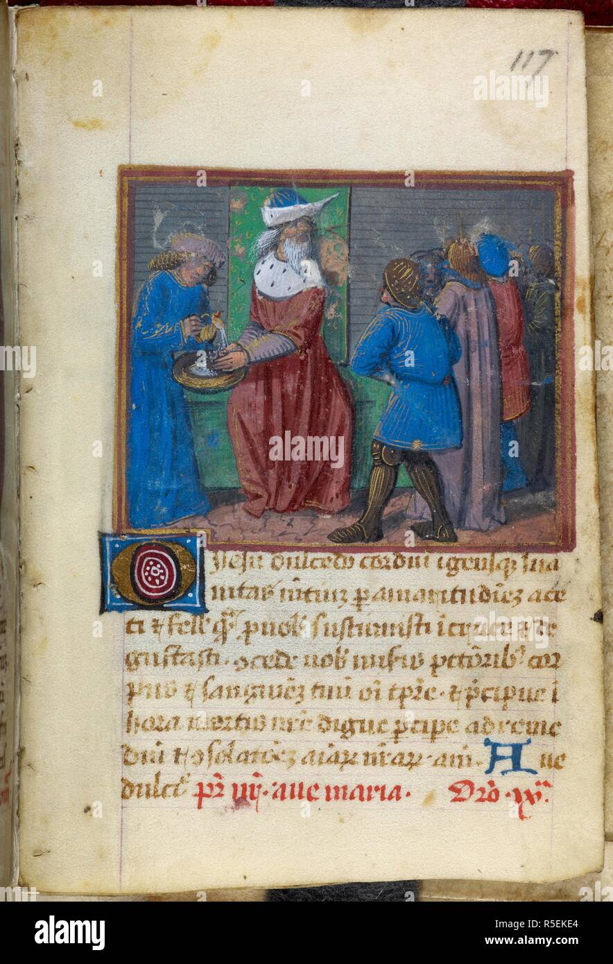 Une scène de la bible. Le Christ devant Ponce Pilate pendant son procès en Semaine Sainte. . Livre de prières (quinze Oes de sainte Brigitte). France, N. W. (Tours ?). Livre de prières (quinze Oes de sainte Brigitte). Dernier quart du 15e siècle ou au 1er trimestre de la 16e siècle. Source : Harley 5319 f.117. Langue : le latin. Banque D'Images