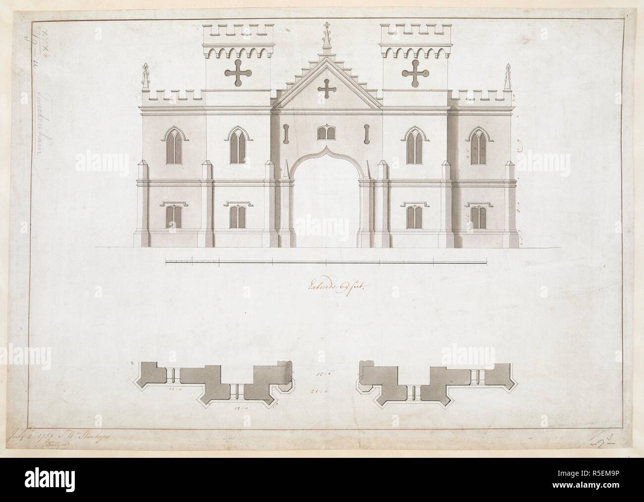 Conception d'un bâtiment à Leeds dans le Buckinghamshire. Un plan et l'élévation d'un édifice gothique de deux étages ; un arc en accolade au centre ; tours avec tourelles sur chaque côté. Dessiné sur une échelle de 6 pieds et demi d'un pouce. Deux modèles pour une passerelle pour Sir Wm. Stanhope à Twickenham, 1751. Dessiné. Le 3 juillet 1751. 1 dessin : plume et encre avec lavage monochrome sur crayon feuille ; 32,7 x 46,7 cm. Source : Maps K.Haut.30.19.u. Banque D'Images