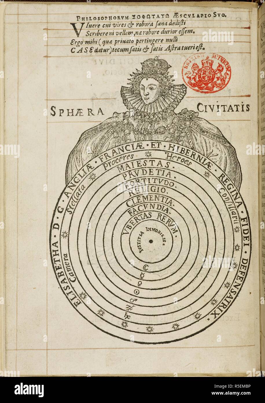 Image de la reine Elizabeth 1ère, au-dessus d'un schéma sphérique. … SphÃ Ciuitatis ra. Iosephus Excudebat Barnesius OxoniÃ¦, 1588 :. Source : 8006.b.8 après la page de titre. Langue : le latin. Auteur : Cas, John. Banque D'Images