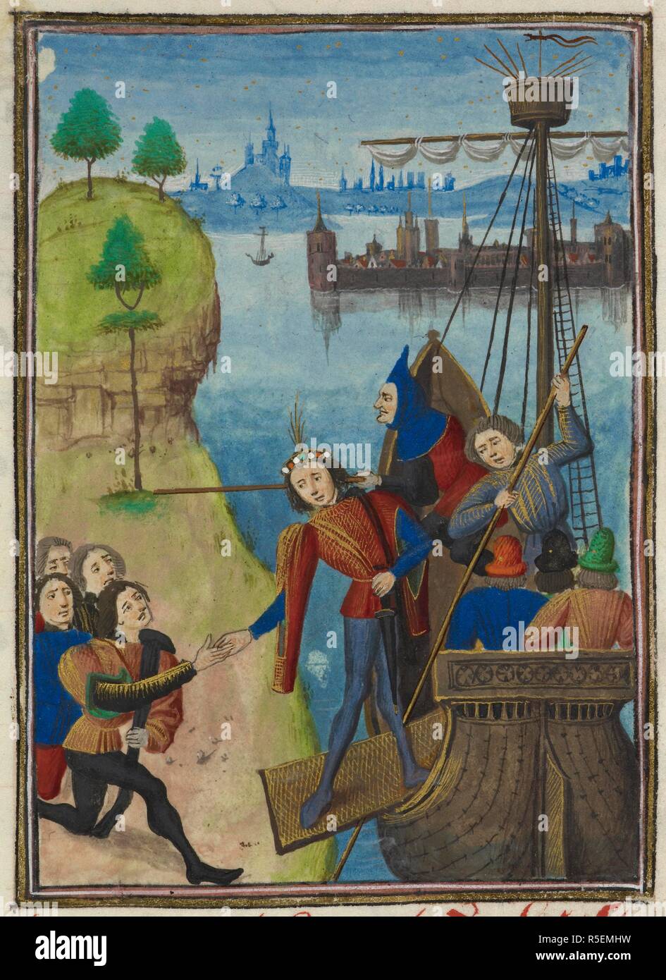 Le comte de Derby (Henry de Grosmont ?), l'embarquement d'un navire pour la France. . Jean Froissart, chroniques (la "Harley Froissart') (les chroniques de Frossart). c 1470-1472. Source : Harley 4380 f.149 Le détail. Banque D'Images