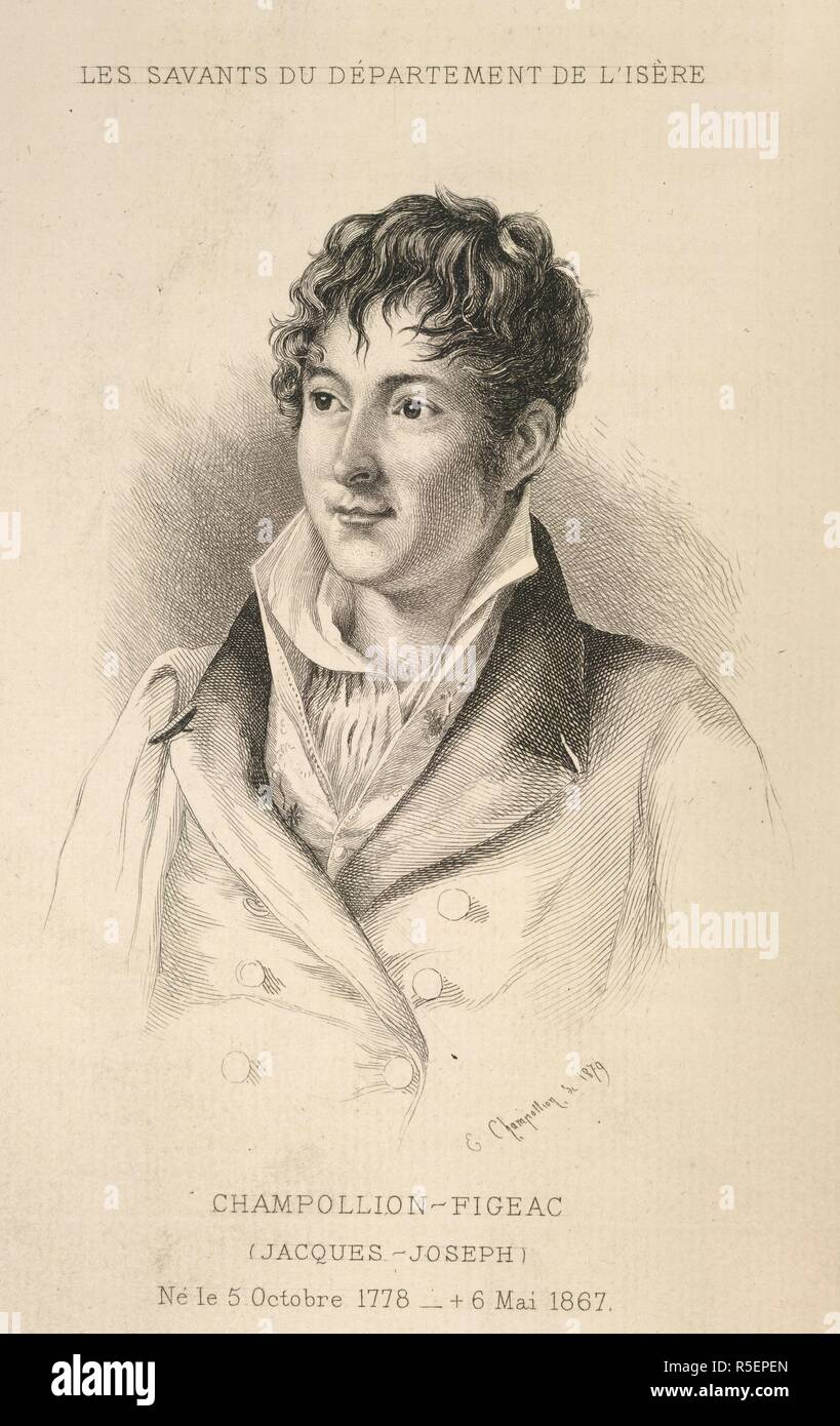 Jacques-J. Champollion-Figeac. (1778-1867). Portrait. Son soutien de Napoléon pendant les Cent Jours (1815) lui fit perdre son poste de professeur de grec et bibliothécaire à l'Université de Grenoble (1816). . Les deux Champollion. Leur vie et leurs oeuvres .. Grenoble, 1887. Source : 10662.h.20, frontispice. Langue : Français. Banque D'Images