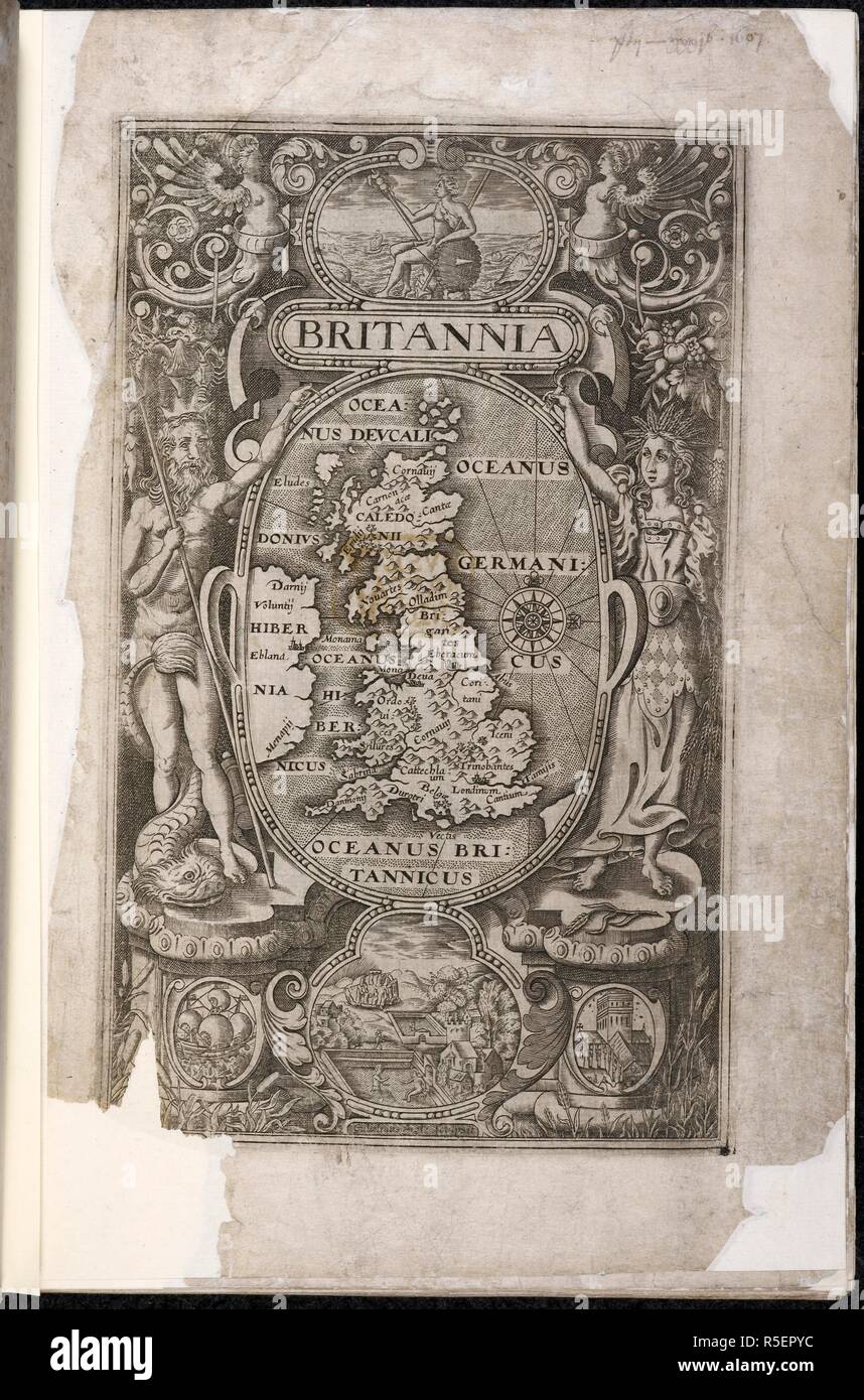 'Britannia'. Carte de Grande-Bretagne avec un mâle et femelle couronné de chaque côté. Nunc postremo, recognita & ... adaucta. Londres, 1607. Source : 576.m.7, frontispice. Auteur : Camden, William. Banque D'Images