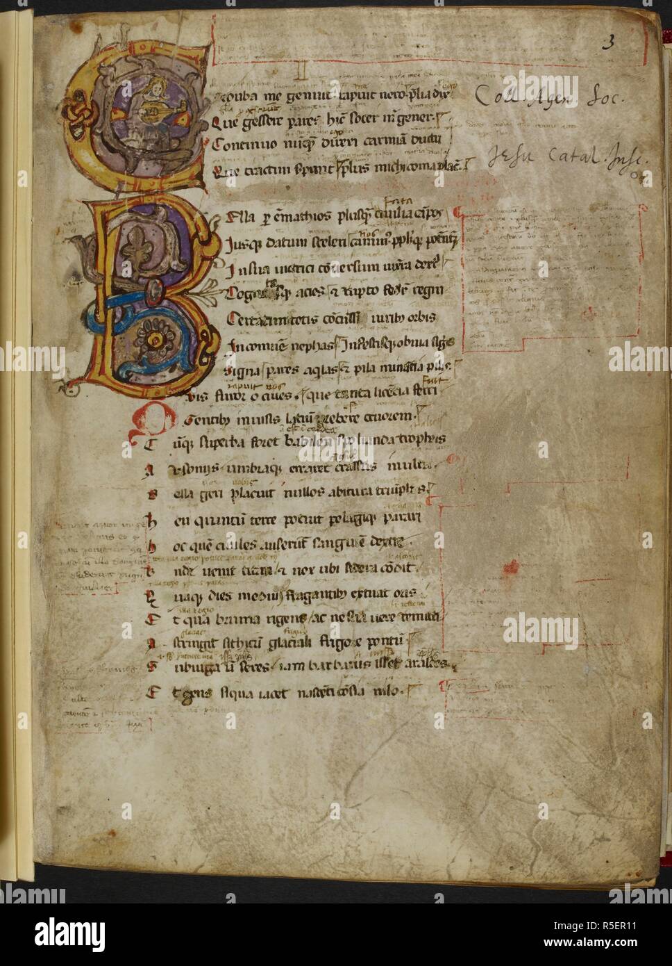 Initiale historiée 'C' avec le portrait du poète jouant le luth . Pharsalia. Italie, 14e siècle. Source : Harley 2531, f.3. Langue : le latin. Banque D'Images