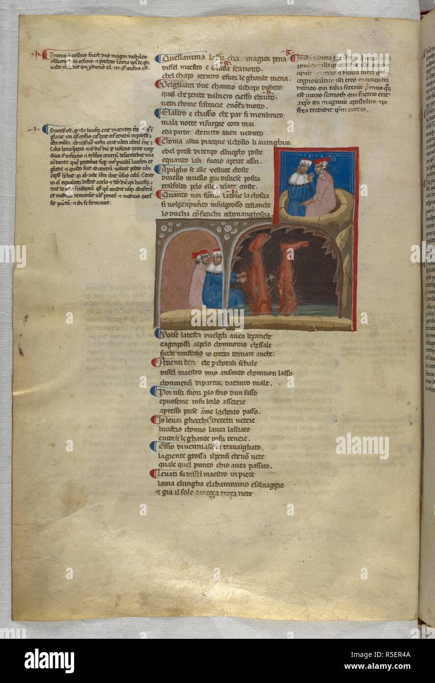 Inferno : Virgil pour atteindre les jambes de Lucifer et au-dessus, Dante et Virgile se sortir de la bouche de l'enfer. Dante Alighieri, La Divina Commedia (La Divine Comédie ), avec un commentaire en latin. 1ère moitié du 14e siècle. Source : Egerton 943, f.61v. Langue : Italien, Latin. Banque D'Images