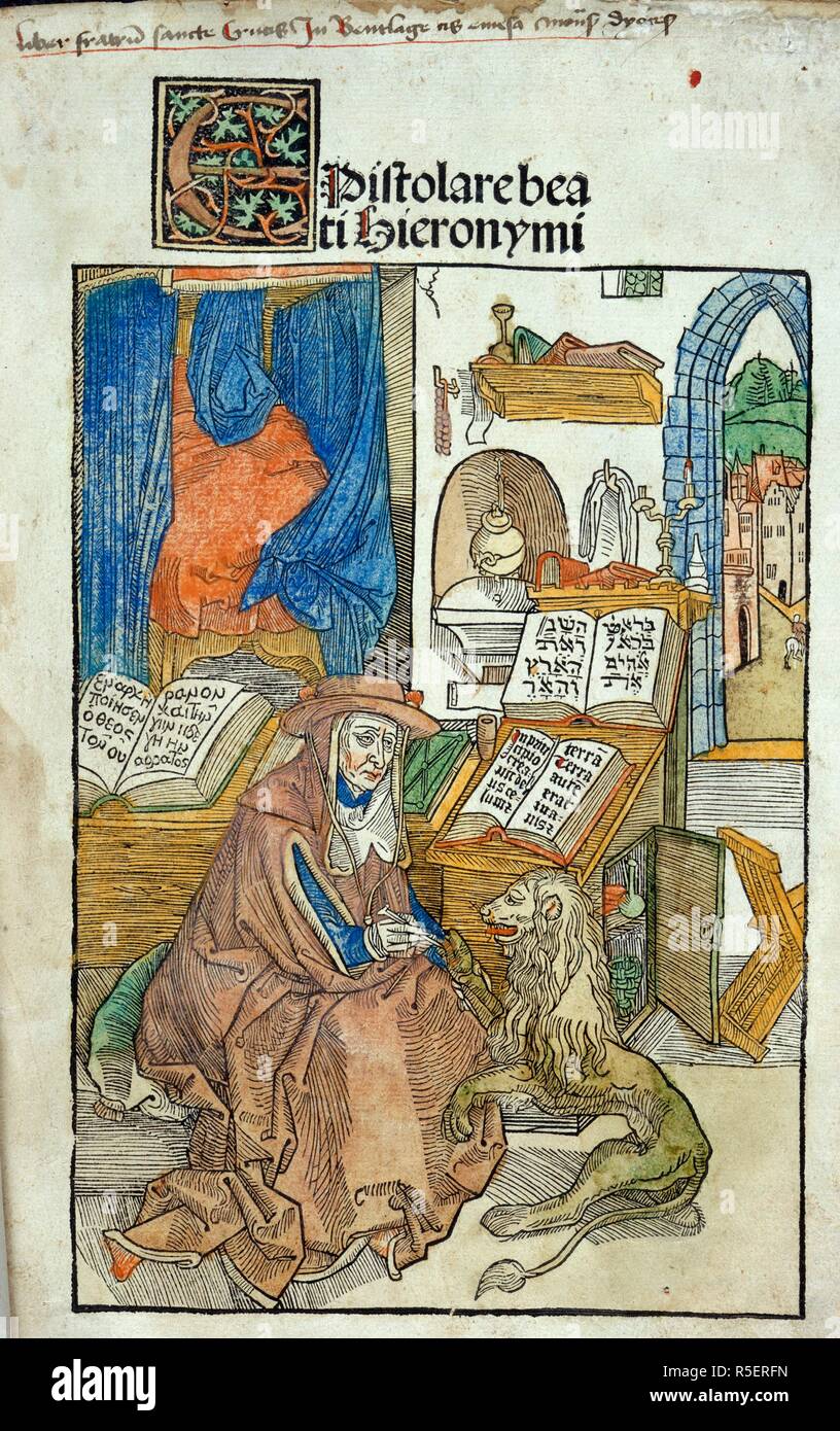 Saint Jérôme. Beati Epistolare Hieronymi. Nicolaus Kesler : Basilea, 8 août, 1492. Saint Jérôme qui tend à la patte d'un petit lion. La gravure sur bois est la plus ancienne œuvre connue d'Albrecht DÃ¼rer. Image réalisée à partir d'Epistolare beati Hieronymi. Publié à l'origine/produit en Nicolaus Kesler : Basilea, 8 août, 1492. . Source : IB.37635, frontispice. Langue : le latin. Banque D'Images