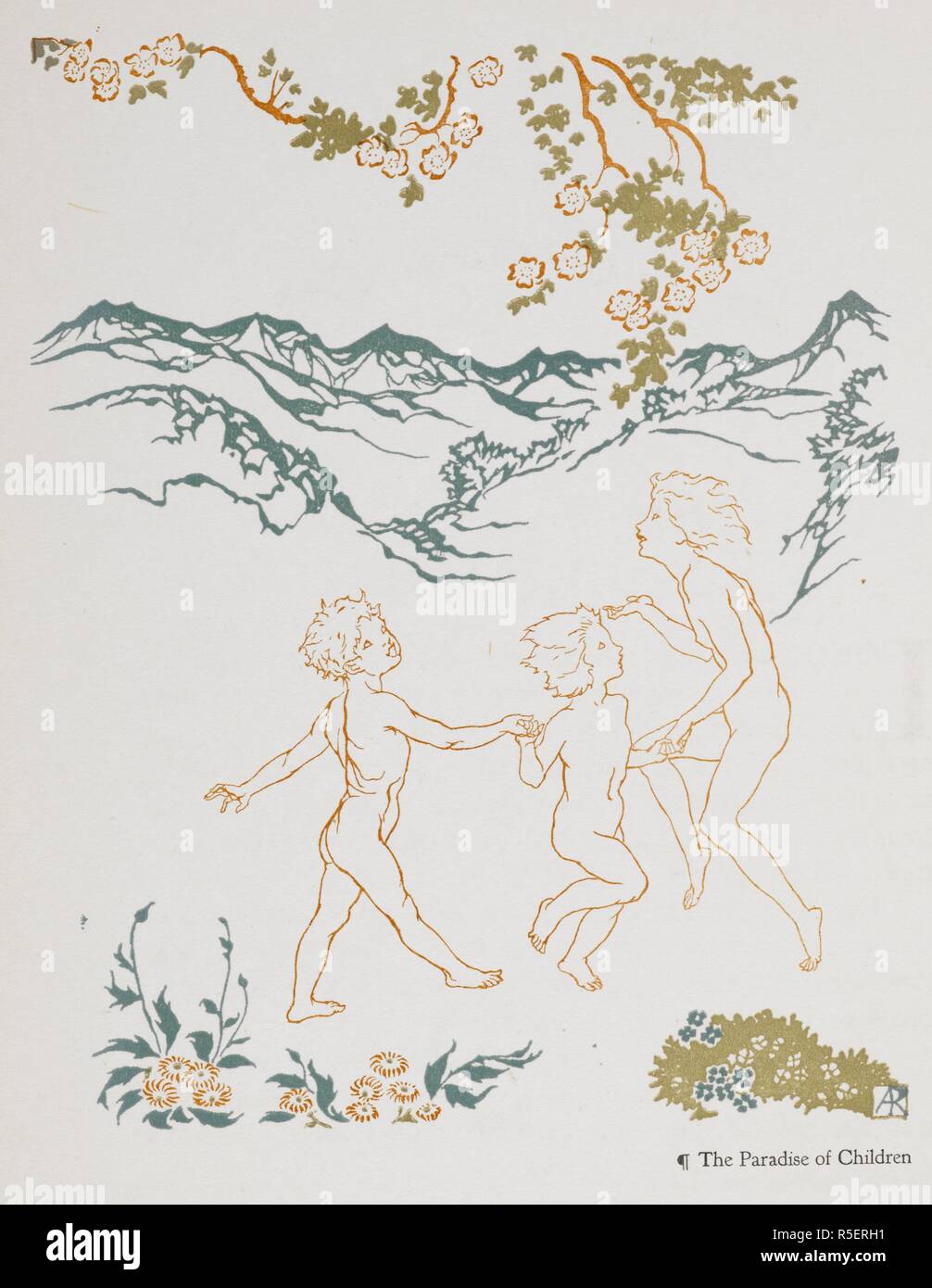 Trois enfants jouant dans un paysage du Paradis des enfants. Hawthorne's Wonder Book...illustré par Arthur Rackham. London : Hodder & Stoughton, [1922]. 'Le Paradis des enfants.'. Source : 04504.h.24 p. 78. Auteur : RACKHAM, Arthur. HAWTHORNE, Nathaniel. Banque D'Images