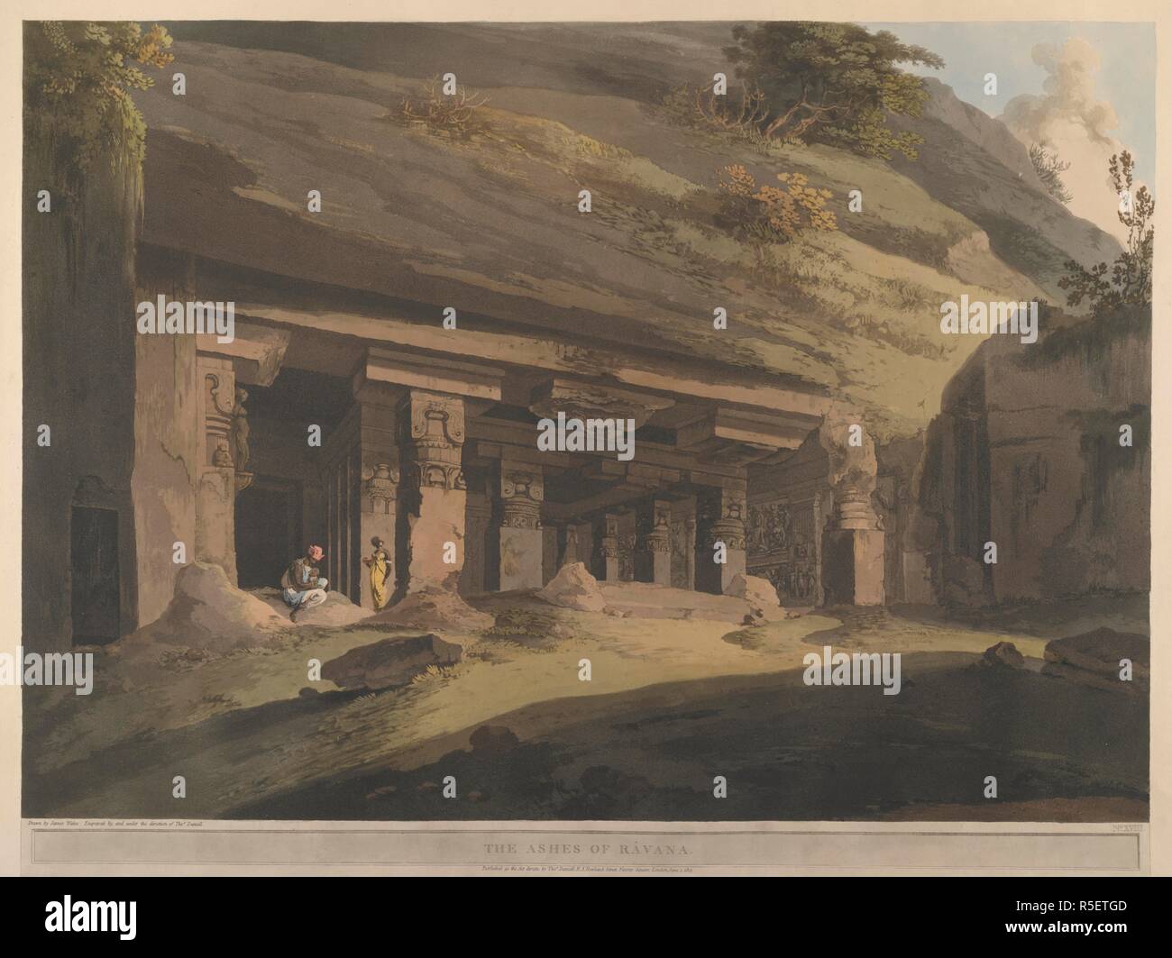 Les cendres de Ravana. La grotte connue sous le nom de Ravana-ki Khai est un simple excavation à étages, datant du 7ème siècle et se compose d'une colonnade carrés mandapa et une véranda. La façade a perdu plusieurs de ses piles révélant la grande salle à piliers derrière. Les colonnes de la salle ont pot et le feuillage et capitales entre parenthèses. rectangulaire Les panneaux de dessins sculptures Shaivite sur le mur sud et Vaishnava images sur le mur nord . Les fouilles dans le hindou de la montagne près de Ellora Aurungabad dans le Décan : dans vingt-quatre vues respectueusement dédié à Sir Charles Warre Malet Bart. la fin de la B Banque D'Images