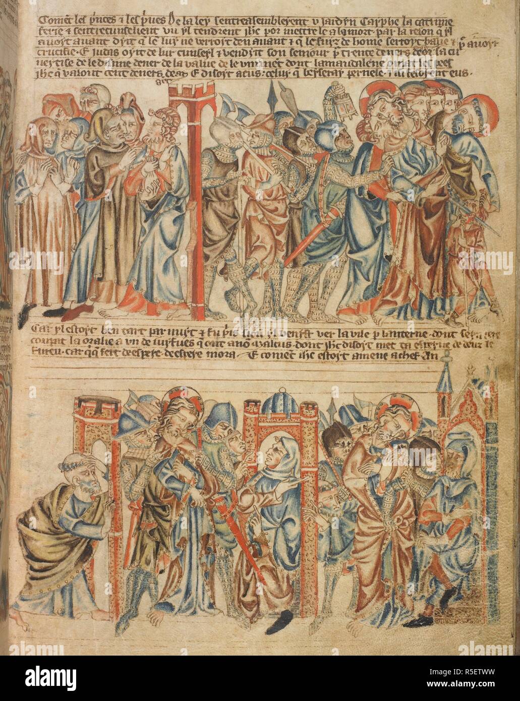 Judas est payé, sa trahison du Christ ; l'Arrestation du Christ, le Christ devant le souverain sacrificateur. Holkham Bible Livre d'images. Angleterre, vers 1320-1330. Source : ajouter. 47682, f.29. Banque D'Images