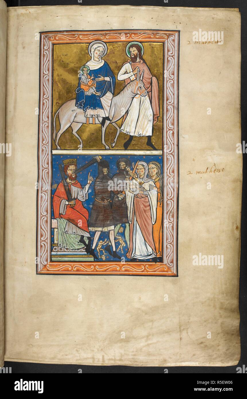 De la miniature prefatory cycle de la Fuite en Égypte dans le registre supérieur, et le massacre des innocents dans le registre inférieur. Psautier. L'Angleterre, l'Europe centrale (Oxford) ; 1er quart du 13e siècle, avant 1220. Source : Royal 1 D. X, f.3. Langue : le latin. Banque D'Images