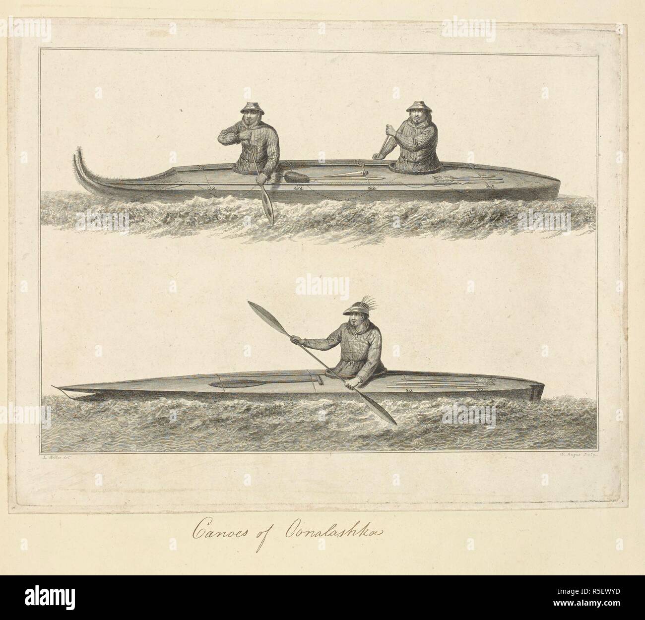 Canoës de Oonalashka. Dessiné par John Webber et gravé par William Angus. Deux dessins de canoéistes au large de la côte de l'Alaska. Les deux chiffres dans le haut canoe viennent de Prince William Sound et portent le chapeau en forme de cône. Le canoéiste ci-dessous est un indigène de Unalaska et est vêtu d'un pare-soleil. Les deux dessins montrent la peau-hoop fixé à la men's blouses et usés pour garder l'eau hors du kayak. Une collection de dessins par A. Buchan, S. Parkinson, et J. F. Miller, réalisés dans les pays visités par le capitaine James Cook dans son premier voyage [1768-1771], également d'impressions publié dans John Hawksworth's Banque D'Images