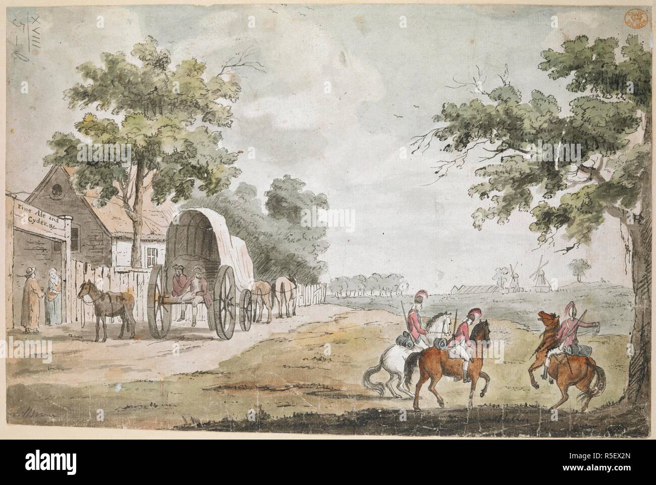 Le Lièvre et la taverne de billettes sur le côté gauche ; chevaux et un chariot à l'avant ; Blackheath sur la droite ; les soldats sur les chevaux dans le coin droit ; moulins à vent au loin. View on Black Heath. c. 1 780-1 800. Plume et encre noire avec l'aquarelle. Source : Maps K.Haut.18.5.b. Langue : Anglais. Auteur : LUNY, THOMAS. Banque D'Images