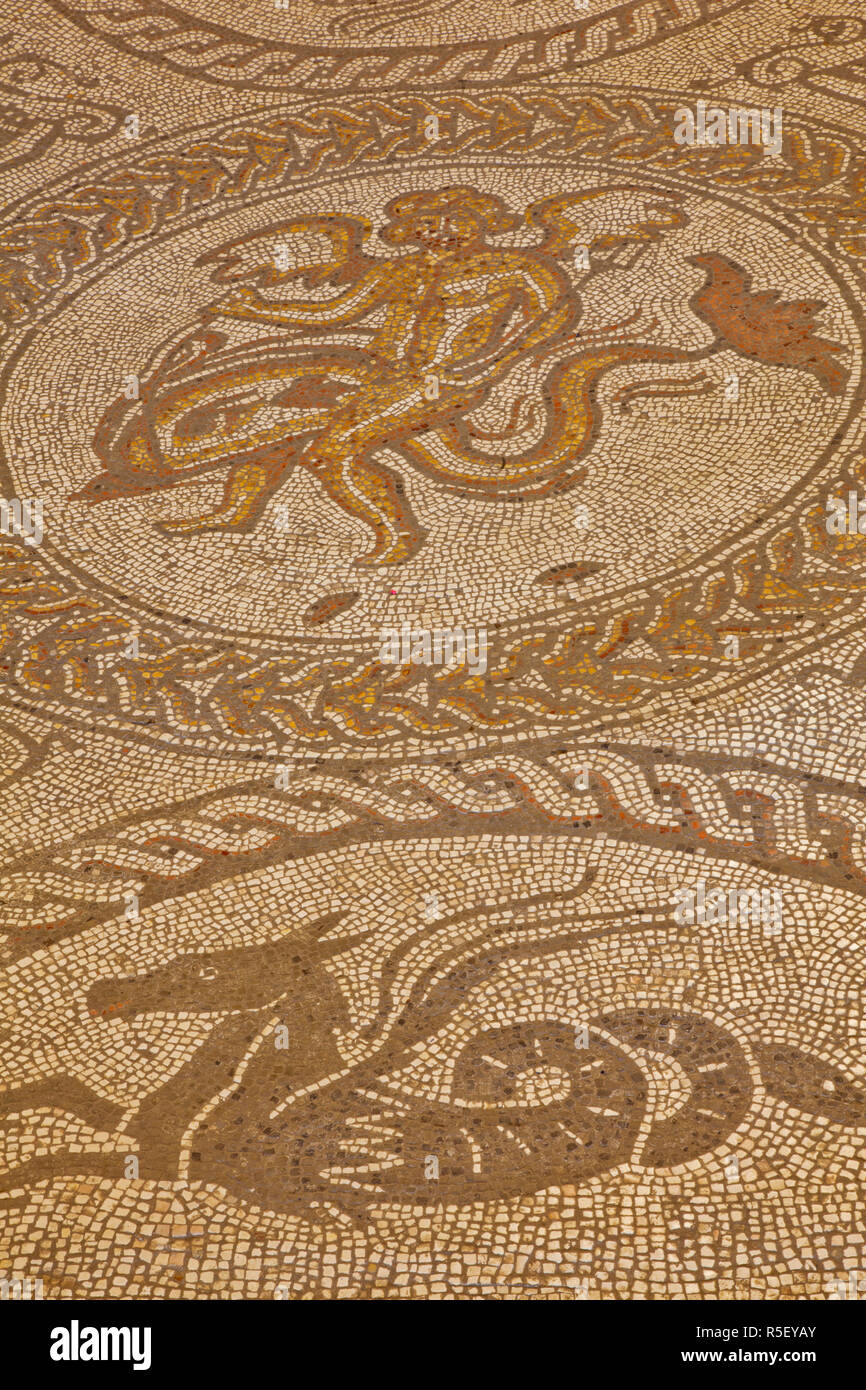L'Angleterre, West Sussex, Chichester, Fishbourne Roman Palace, le cupidon, sur une mosaïque de Dauphin Banque D'Images
