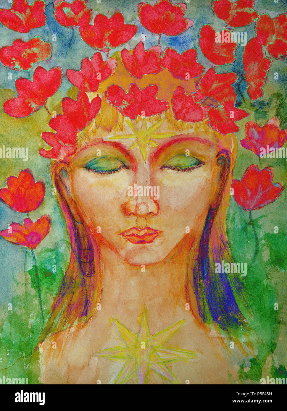 Bouddha féminin psychédélique avec des fleurs de lotus. La technique du badigeonnage près des bords donne un effet de flou en raison de la modification de la rugosité de t Banque D'Images