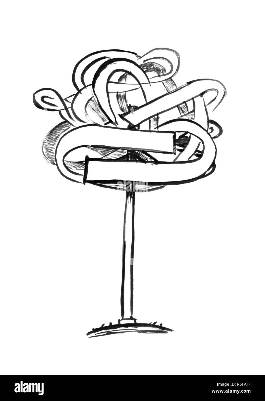 L'encre noir Grunge Dessin à la main de confondre Road Sign Pointing in Chaos Banque D'Images