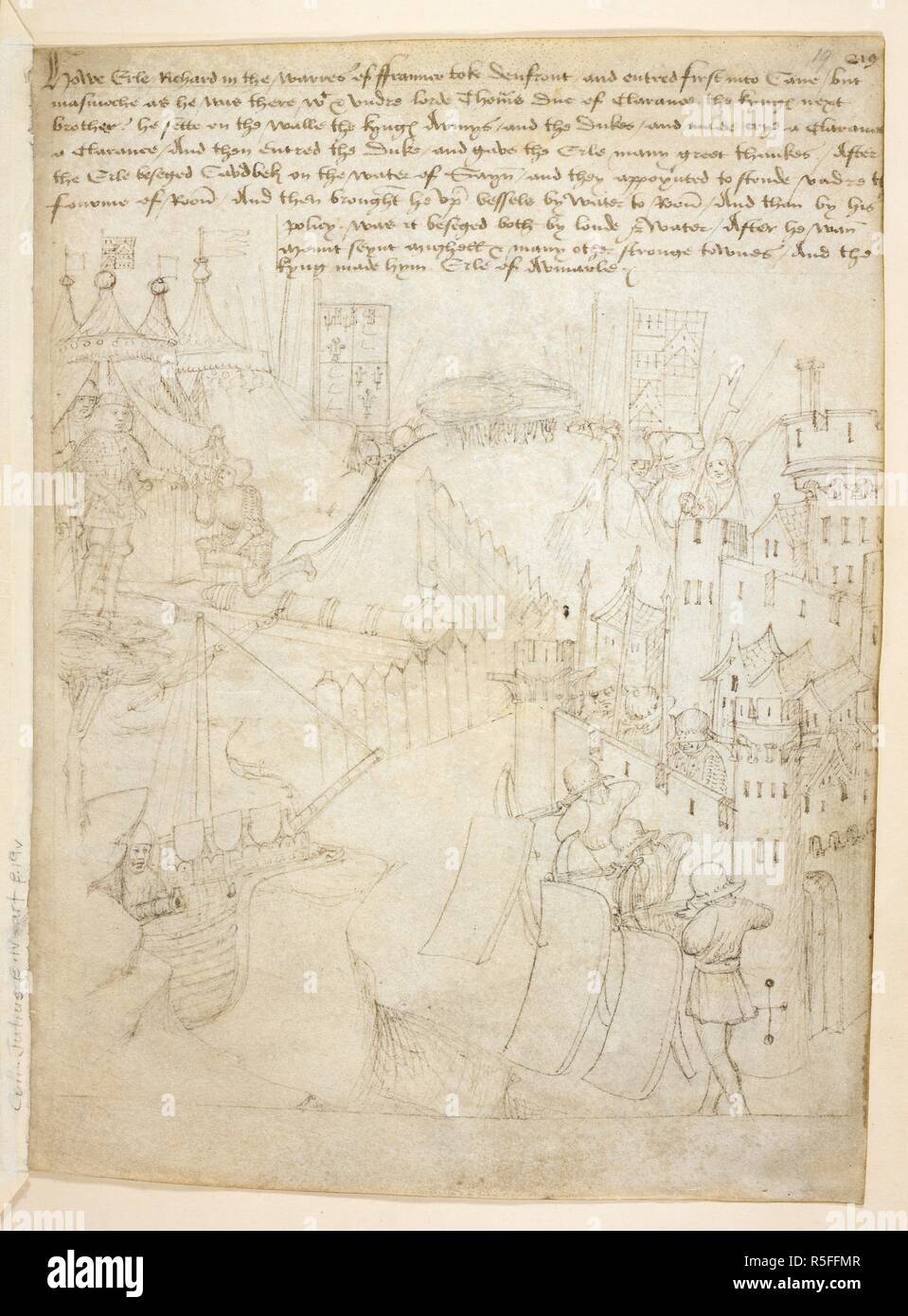 Pageant XXXVII. Richard Beauchamp, comte de Warwick, reçoit la reddition du château de Caen, 19 septembre 1417. Sur la gauche, Warwick émerge de sa tente de donner des ordres à un artilleur qui est à genoux par un canon. Ci-dessous, est un navire armé. Sur la rive du fleuve Trois archers visez avec arbalètes. Beauchamp Pageants. S. Pays-bas [Bruges ?] ; après 1483. Source : Cotton Julius E. IV, article 6, f.19. Langue : Anglais. Banque D'Images