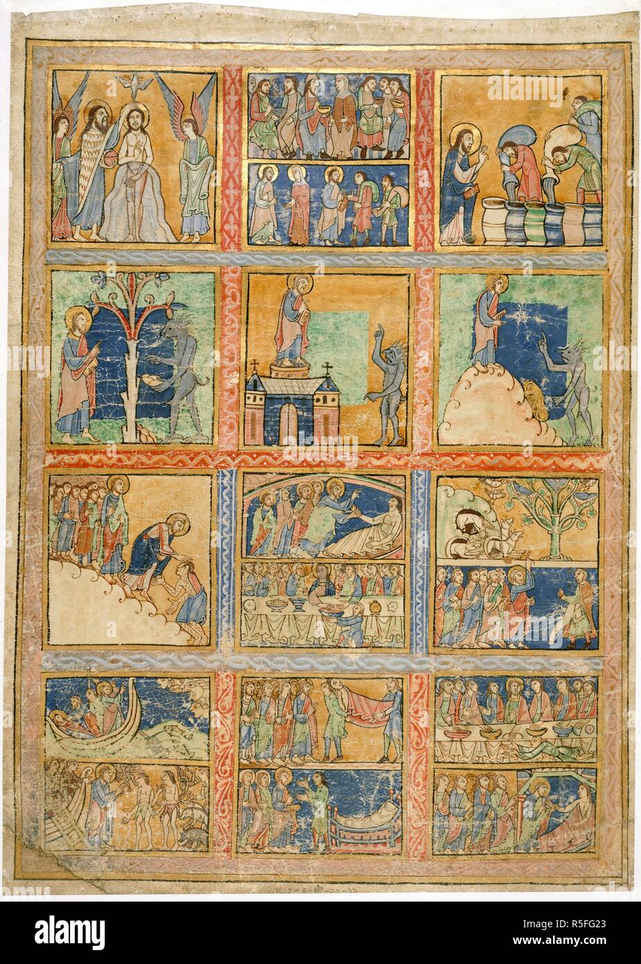 Scènes de la vie de Christ. [Angleterre Canterbury Christ Church, ?] ; vers 1140. [Toute la feuille] Scènes de la vie de Christ. Le Baptême du Christ ; mariage à Cana : le Christ commande le vin ; le vin est porté ; première tentation ; deuxième tentation ; troisième tentation ; Guérison du lépreux ; Peter-mère guérie ; Les renards ont des trous et le Christ avec les apôtres ; la tempête tue et guérit le Christ guérissant le paralytique ; démoniaques ; Jaïrus avant le Christ, et la fille de Jaïrus guéri publié à l'origine/produit en Angleterre [Canterbury Christ Church, ?] ; vers 1140. . Source : ajouter. 37472, n°1, f.1c. Banque D'Images