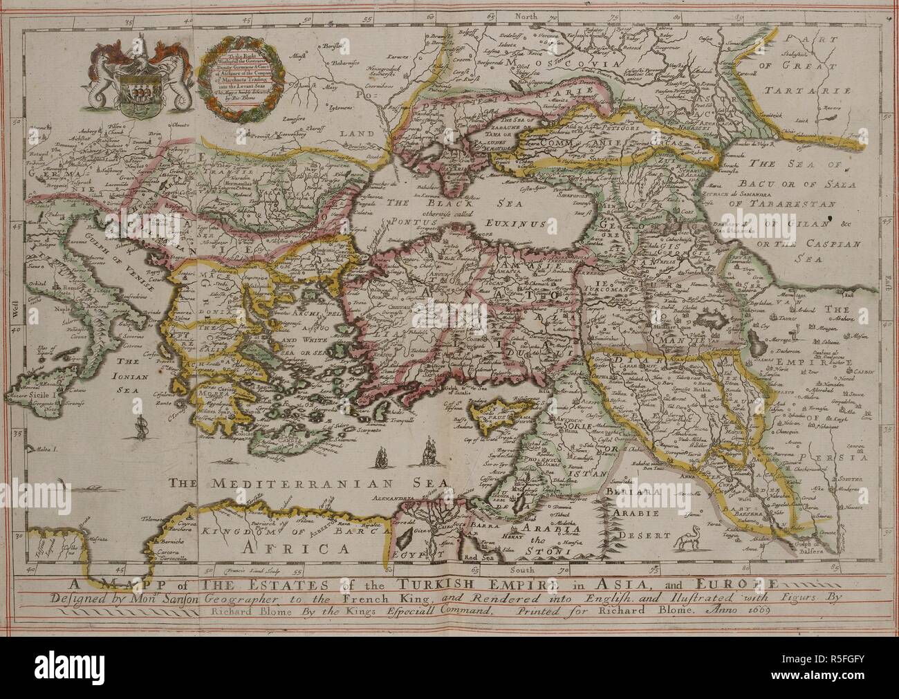 Carte de l'empire turc, 17e siècle. Un mapp des cités de l'Empire turc en Asie, et en Europe / Conçu par Mons[ieu]r Sanson . . . Rendus ; en anglais, et ilustrated [ !] avec figurs [ !] . . . Par Richard Blome . . . Anno 1669. Francis ; Sculptures sur l'agneau. Londres : Imprimé pour Richard Blome, 1669. Source : C.39.d.2 page 4-5. Banque D'Images