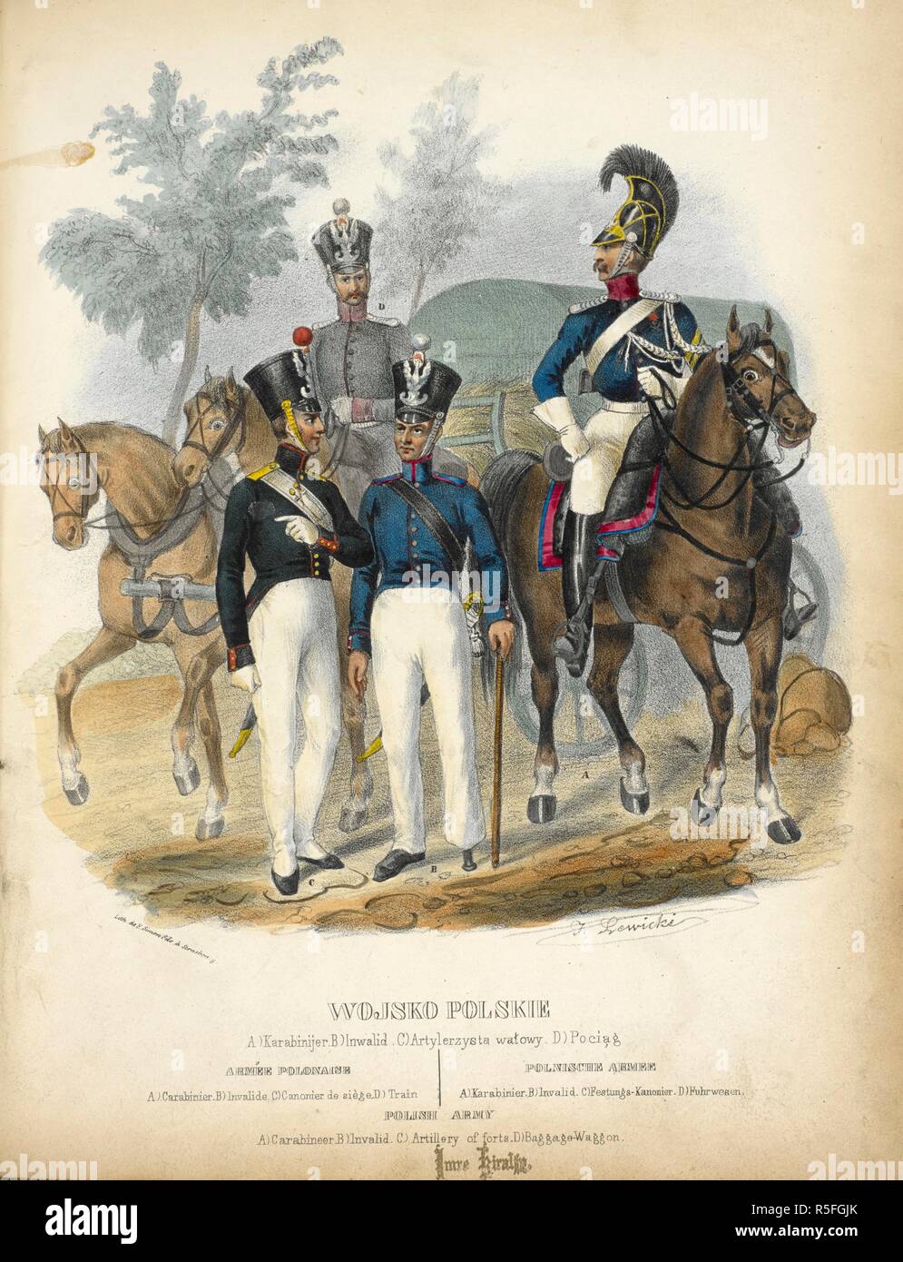 L'armée polonaise. Un carabinier) B) C) non valide d'artillerie) wagon à bagages. Les costumes du peuple polonais, suivis d'une description exacte de ses mÅ"urs, de ses usages et de ses habitudes : Ouvrage pittoresque. Paris, 1841. Source : 7744.dd.5 page 38 après la plaque 122. Auteur : Zienkowicz, Leon. Lewicki, J. Banque D'Images