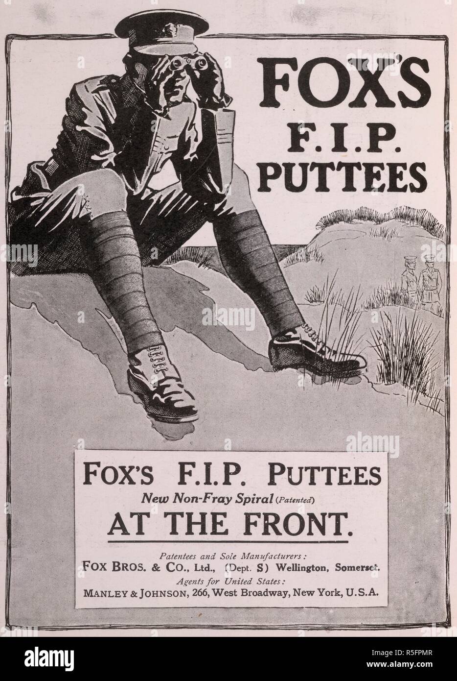 "Fox's F.I.P puttees'. Une publicité pour des chaussures pendant la Première Guerre mondiale. Sphere : un journal illustré pour la maison. 1915. Source : la sphère, 17 juillet 1915, page 52. Banque D'Images