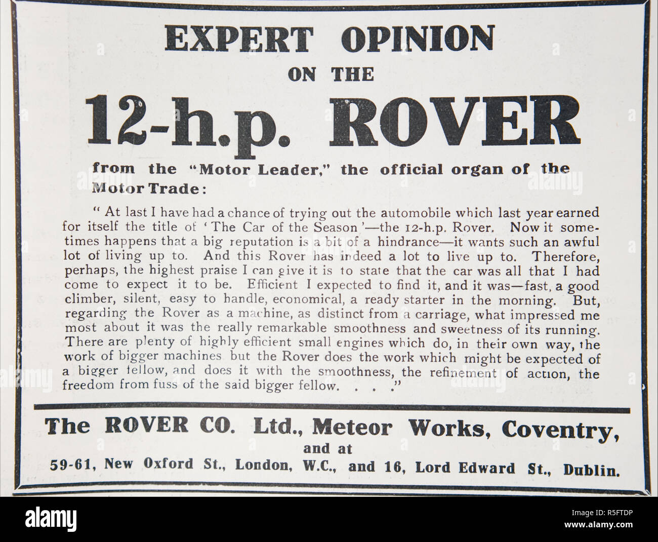 Dans une publicité pour les voitures Rover. À partir d'un vieux magazine anglais de la période 1914-1918. Banque D'Images