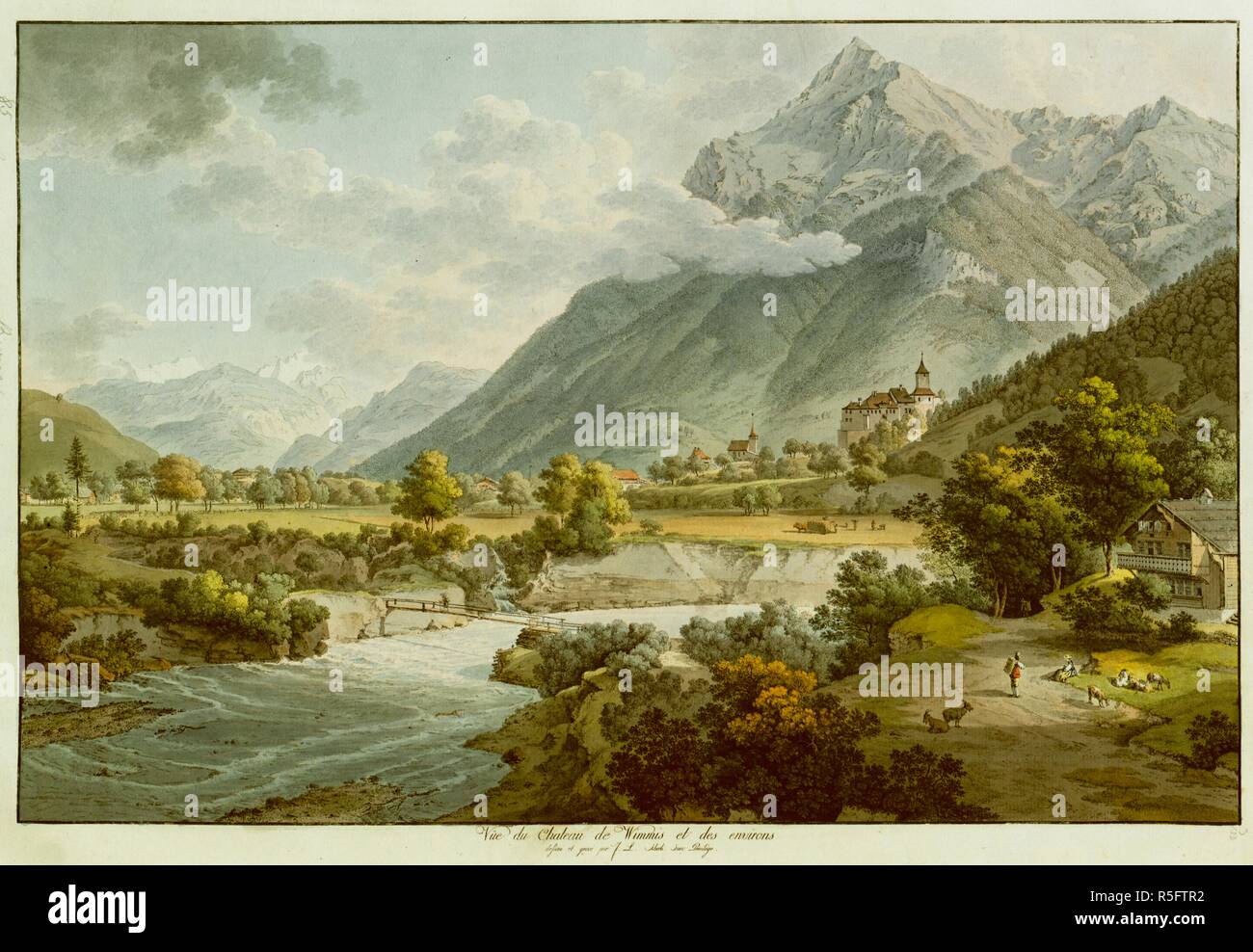 Une Bergère reposant par une route et un homme portant un panier sur son dos, parler à l'extérieur une grande maison avec un balcon en bois donnant sur la rivière Simme au premier plan. Une vue du village de Wimmis, Wimmis Château et la montagne Niesen peut être vu dans l'arrière-plan. Vía"e du Chateau de Wimmis et des environs. [Bern ?] : [éditeur non identifiés], [1775]. Eau-forte. Source : Maps K.Haut.85,55.f.3. Langue : Français. Banque D'Images