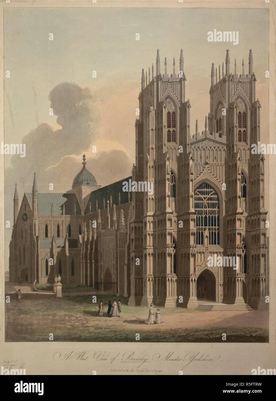 Les figures debout près de l'extrémité ouest de Beverley Minster, deux chiffres dans la porte. Une vue ouest de Beverley Minster, Yorkshire. Publié dans la Loi, 1er 1798 Dim. L'aquatinte et la gravure avec la main-coloration. Source : Maps K.Haut.44.26.f. Langue : Anglais. Banque D'Images