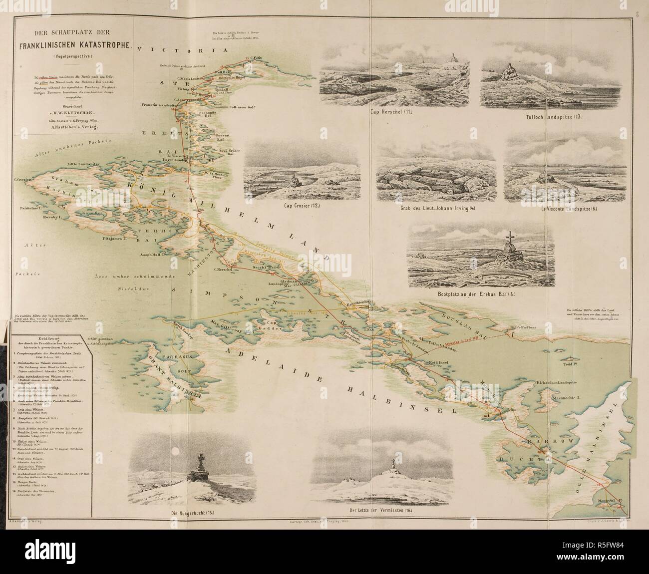 Carte de l'Franklinischen Catastrophe, les Britanniques (expédition de Franklin à la recherche du Passage du Nord-Ouest en 1845, et l'information d'un livre sur les Esquimaux. . Eskimo als unter den Esquimaux. Lutte contre les ravageurs ; Leipzig, Allemagne. De Comme un Eskimo parmi les Esquimaux. Une description de l'expérience de Schwatka'schen Franklin-expédition de prospection dans les années 1878-80. Publié en 1881. En 1845, Franklin quitte l'Angleterre avec une expédition de 128 hommes au Canada en quête d'un Passage du Nord-Ouest. Ses navires, la terreur et l'Erebus, est resté prisonnier dans la glace, et le désespéré, le gel et les survivants affamés Banque D'Images