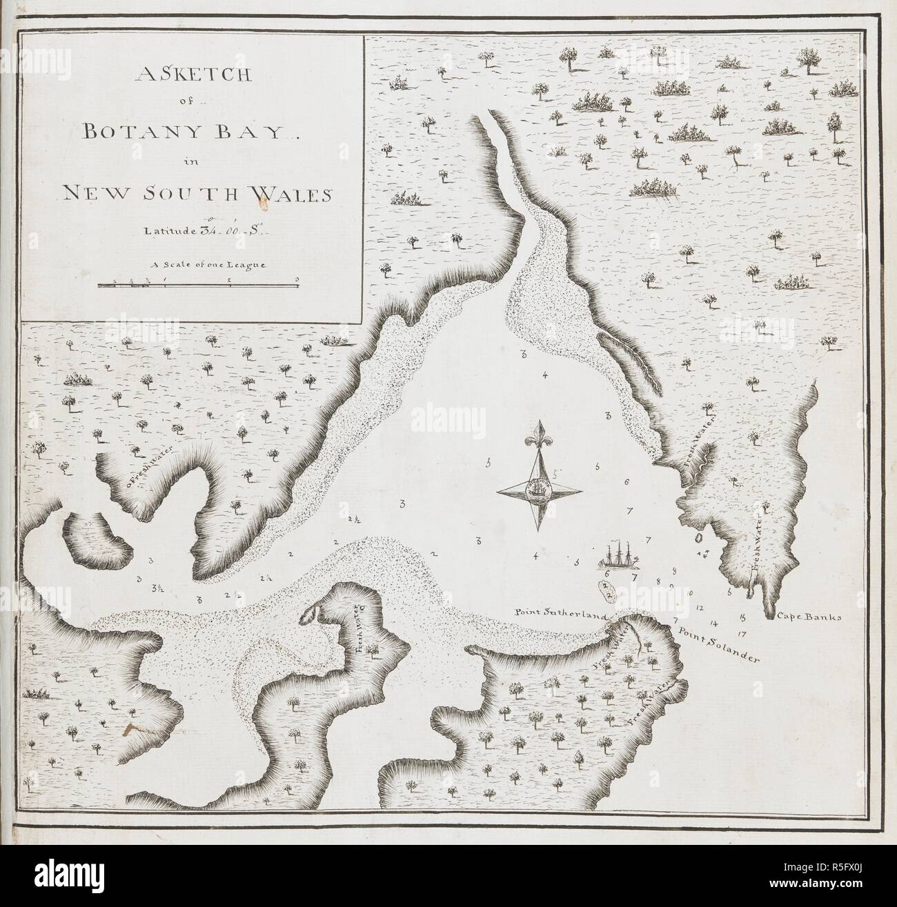 Un croquis de Botany Bay, en Nouvelle Galles du Sud ; dessiné par le Lieut. James Cook, sur une échelle d'une ligue à un mille. Tableaux, Plans, vues et dessins pris à bord de l'Endeavour lors du premier voyage du capitaine Cook, 1768-1771. 1770. Mme 1 f. 1 x 1 1/2 in. f. ; 34 x 30 cm ; 1. à une ligue mile. Source : ajouter. 7085, No.40. Banque D'Images