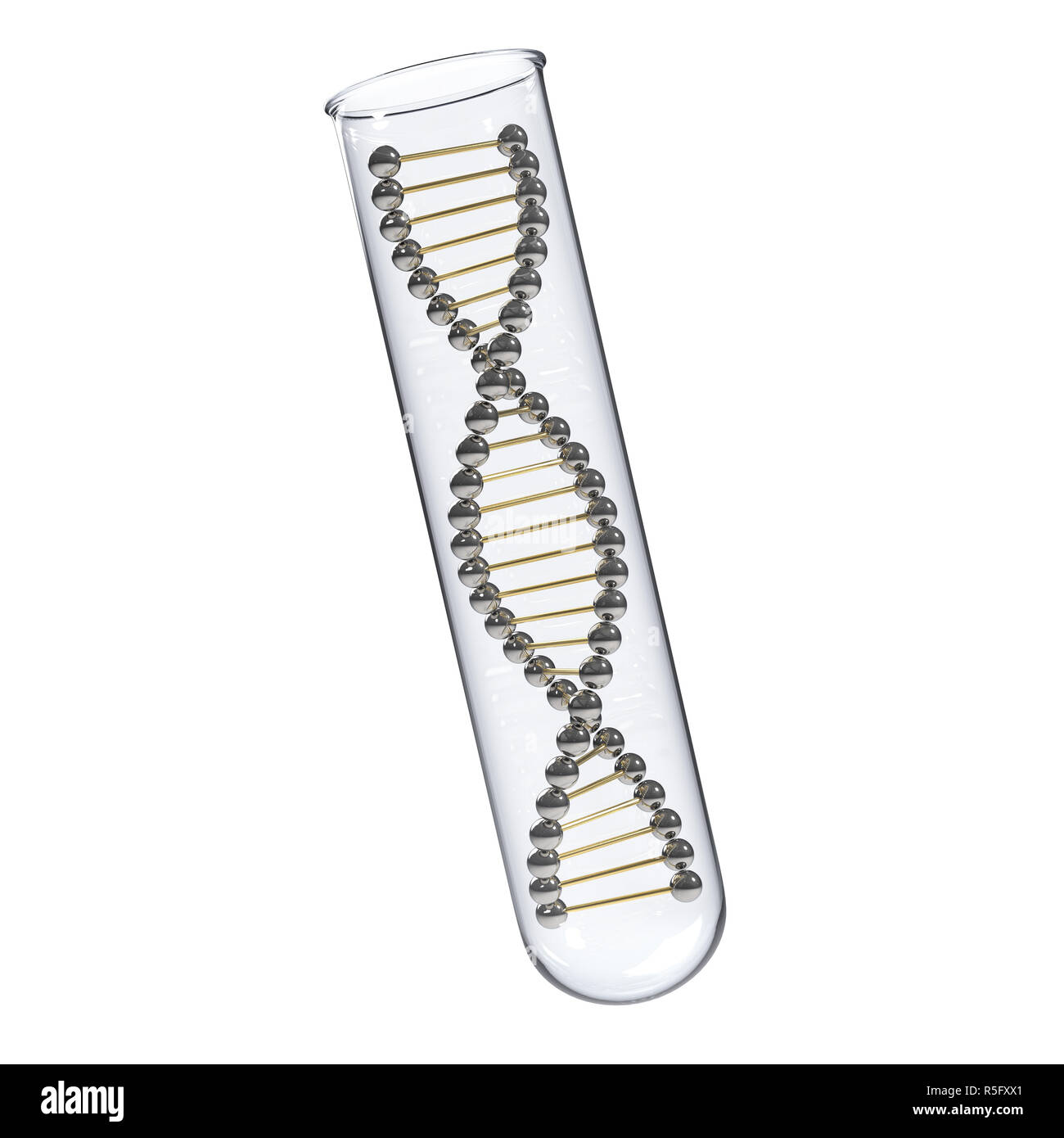 Molécule d'ADN d'or en tube à essai isolé sur fond blanc. La science médicale et concept illustration. Le Rendu 3D Banque D'Images