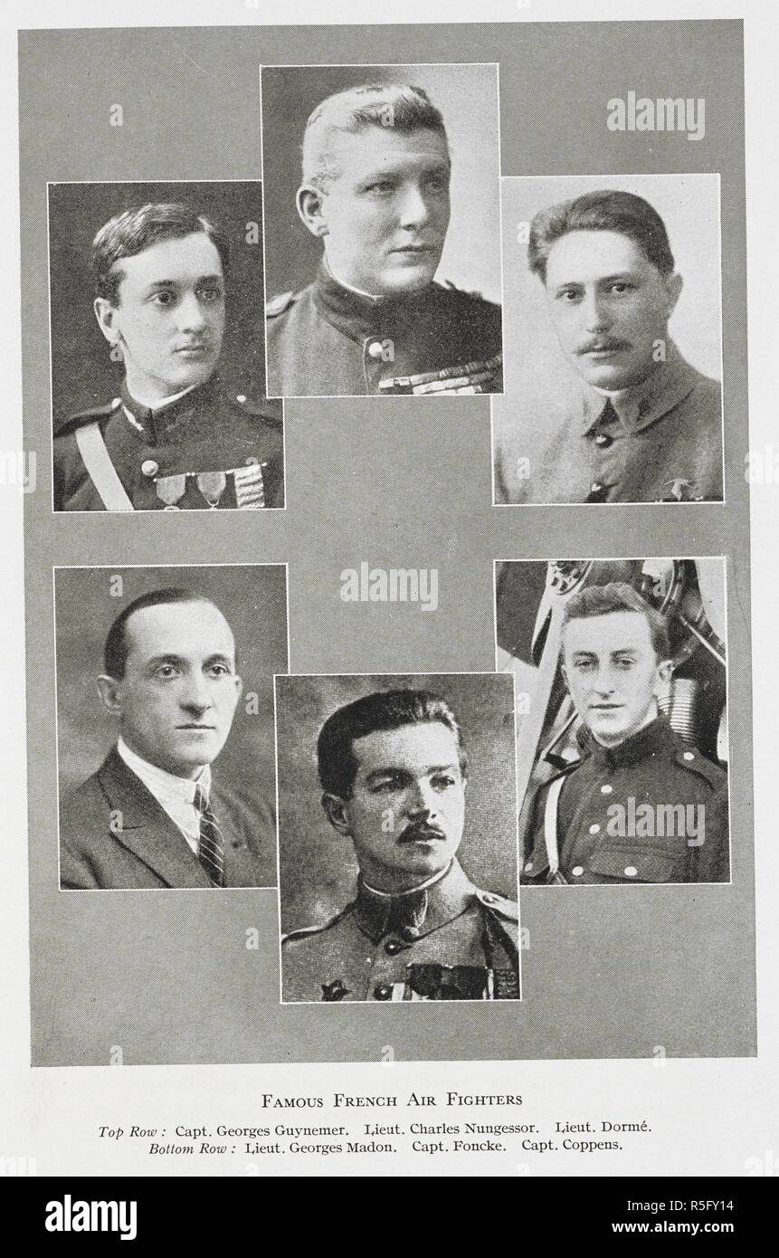 L'air française célèbre fighters'. Rangée du haut : Capt.Georges Guynemer. Le Lieut. Charles Nungessor. Le Lieut. Dorme. Rangée du bas : Lieut. Georges Madon. Le capitaine Foncke. Le capitaine Coppens. Le roi des combattants de l'air. Biographie des principaux "oeMickâ€ Mannock, c. r., D.S.O., M.C. [avec plaques, y compris les portraits.]. Londres : I. Nicholson & Watson, 1934. Source : 09081.bb.34 page 264 plaque opposie. Auteur : Jones, James Thomas Ira. Banque D'Images