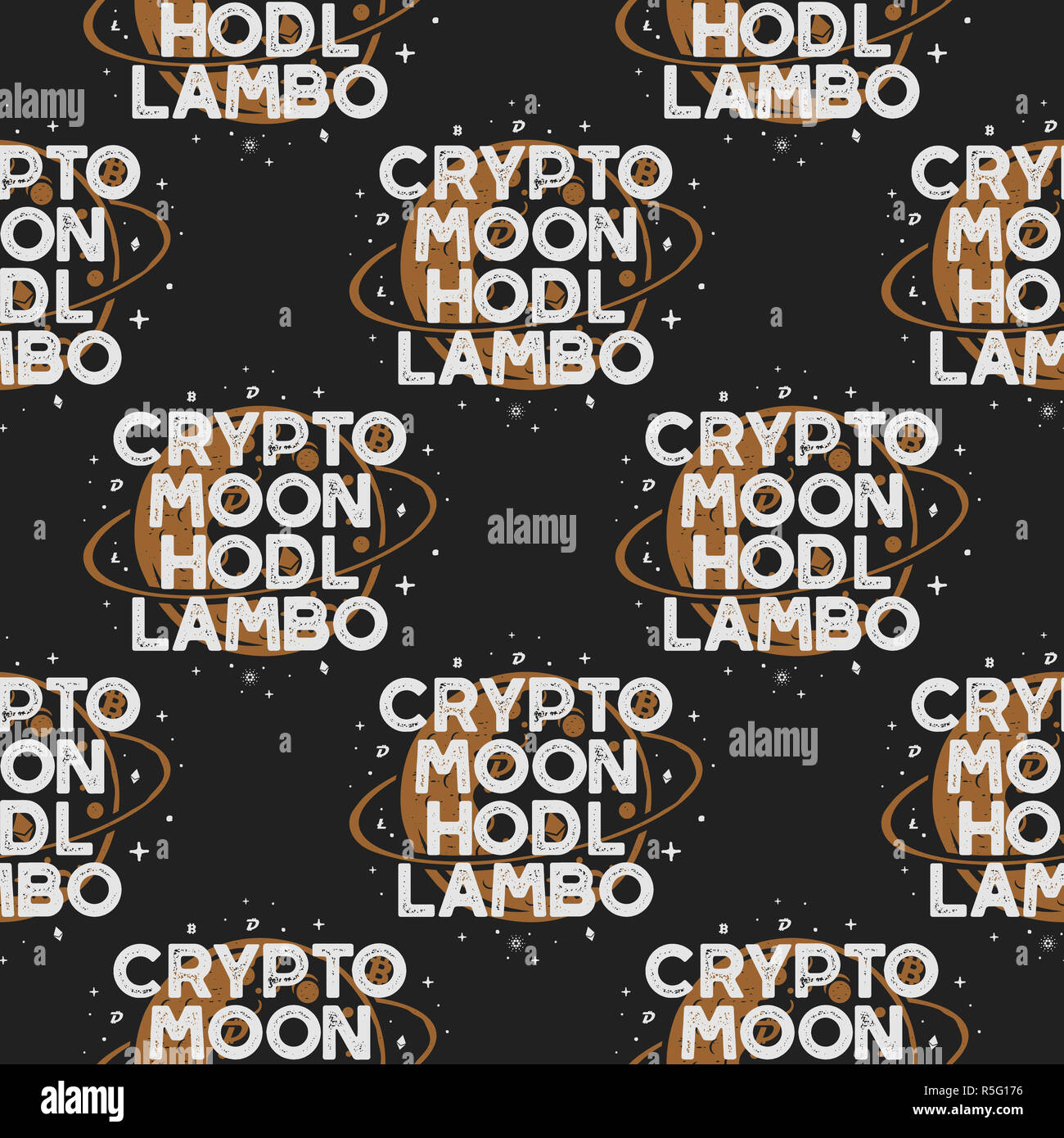 Concept sans chiffrement. Lune et hodl modèle avec la lune et cryptocurencies les symboles. Fond d'Blockchain. Illustration style rétro en stock Banque D'Images