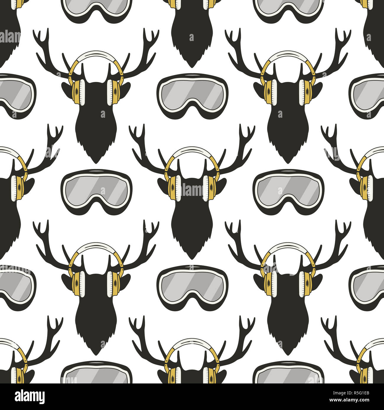 Motif cerf de Noël. Dans Reideer drôle de casques et lunettes de ski, snowboard. Hiver Noël arrière-plan transparent. Stock illustration isolé sur fond blanc Banque D'Images