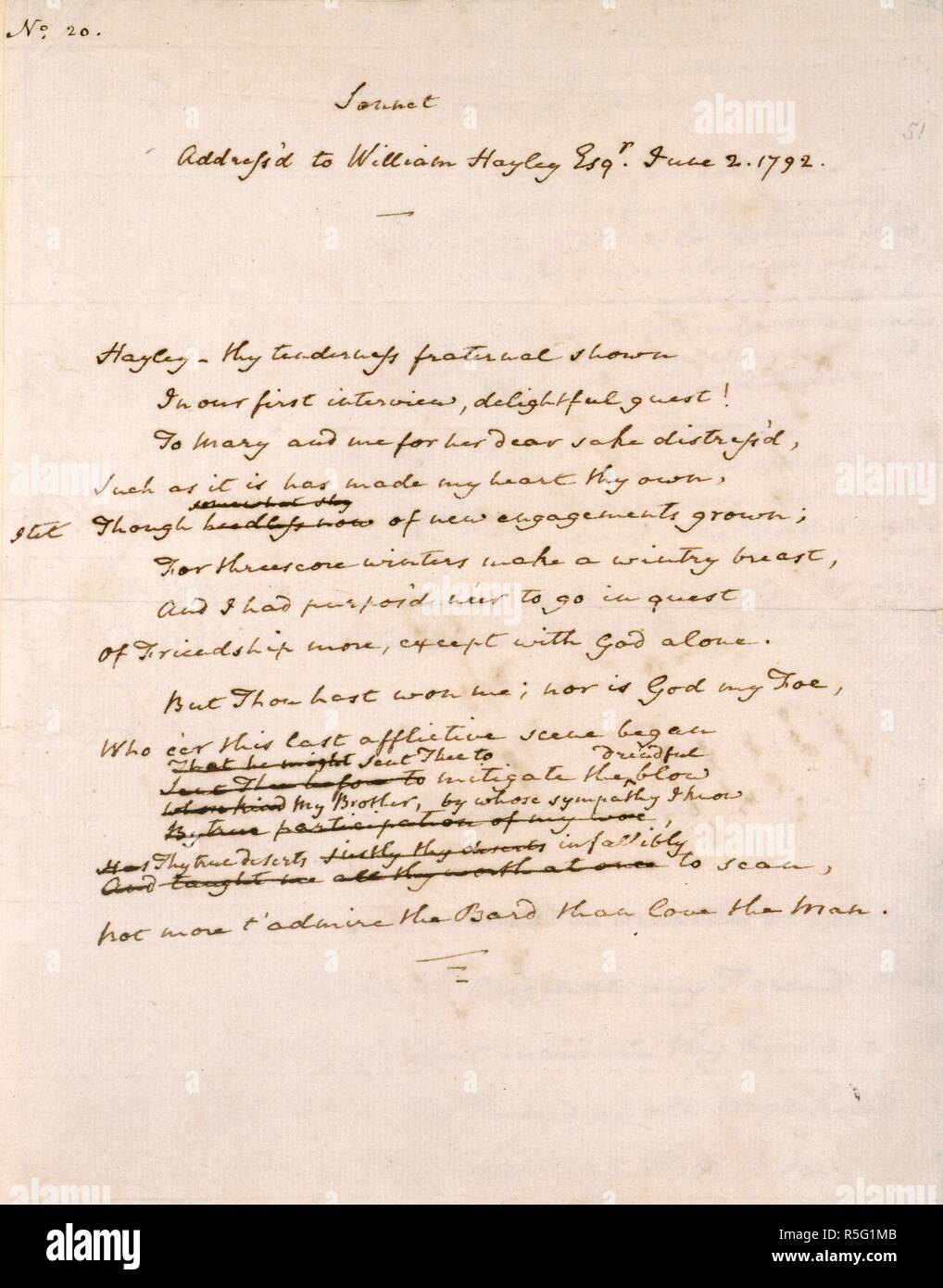 Sonnet de William Cowper. Poèmes de William Cowper. [Angleterre] Bucks co.,  Weston ; 1792. [Ensemble] folio manuscrit projet de Cowper's sonnet sur  l'amitié, à l'adresse de la poète William Hayley. En date