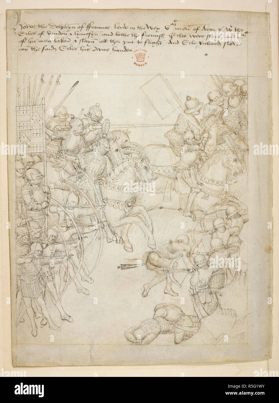 Pageant XG Richard Beauchamp, comte de Warwick, conduisant l'armée anglaise contre les Français sous le Dauphin, 1419. Warwick, portant un casque décoré d'une plume d'autruche, conduit ses chevaliers dans la poursuite de la cavalerie française. Archers anglais armés de leurs arcs archers français face aux armées contre des archets. Beauchamp Pageants. S. Pays-bas [Bruges ?] ; après 1483. Source : Cotton Julius E. IV, article 6, f.20v. Langue : Anglais. Banque D'Images