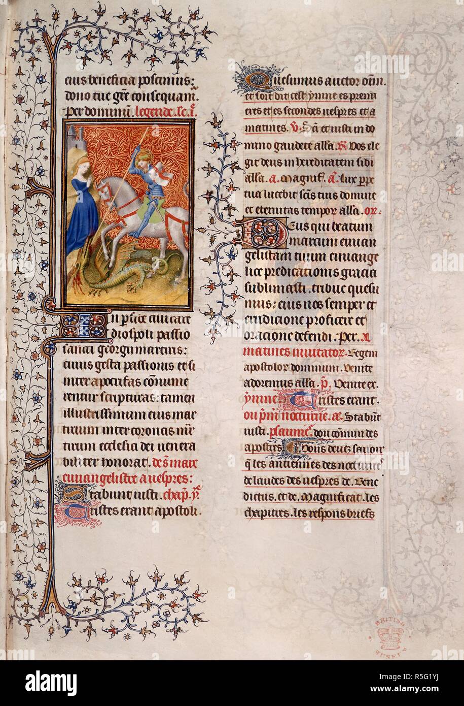 Fête de St George. St George à cheval, tuer le dragon, avec la princesse derrière. Texte commençant par 'I' initiale décorée, et à la frontière avec la décoration foliée. Bréviaire de Jean Sans Peur. France [Paris] ; entre 1413 et 1419. Source : Harley 2897, f.282. Langue : le latin et le français. Banque D'Images