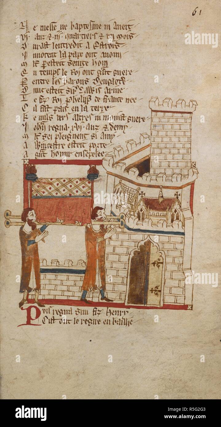 King John's corps a été transféré à la Cathédrale de Worcester pour l'enterrement, conformément à ses souhaits. Cette image montre le bas moyen âge procession funéraire, avec deux hommes portant le cercueil sur leurs épaules à la porte. Le cercueil est drapé d'un tissu rouge-orange, et de la cathédrale, vers laquelle la pall-porteurs font leur chemin, est le bâtiment avec le toit brun debout devant la tour. L'auteur anonyme de l'accompagnant, poème écrit en français anglo-normand, décrit l'occasion en forme brouillée, confondant l'endroit où John a été enterré : "une Wincestre esteit porte/ un g Banque D'Images