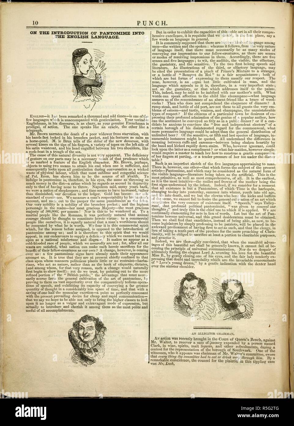 Un article sur l'introduction de la pantomime dans la langue anglaise. Punch, or the London Charivari. Londres. Source : P.P.5270, page 10. Langue : Anglais. Banque D'Images