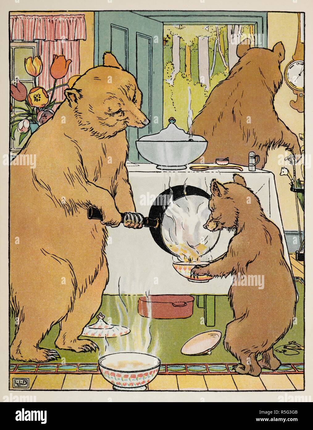 Les trois ours faire leur porridge. L'Oie d'Or Livre : en cours de l'histoire de l'Oie d'Or, les trois ours, les 3 petits cochons, Tom Pouce. Avec de nombreux dessins en couleur et noir et blanc par L. L. Brooke. F. Warne & Co. : London & New York, [1905]. Source : 12812.b.52. Author : Brooke, L. Leslie. Banque D'Images
