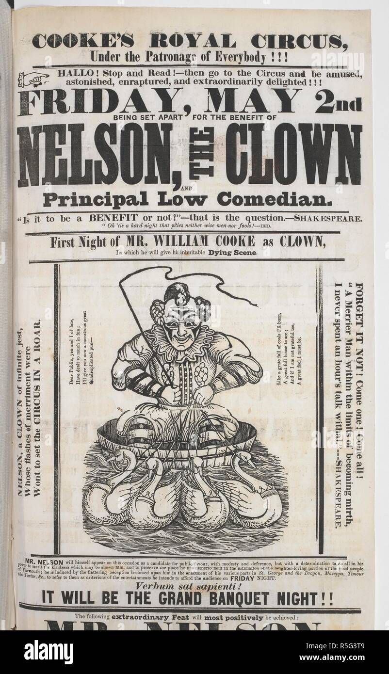 Une publicité pour un cirque et perfoormance par un clown : 'Cooke's royal circus ...'. Vendredi 2 mai ... Nelson, le clown ... "Première nuit de M. William Cooke comme clown ... [Un collection de prospectus, dépliants, programmes, rapports et documents électoraux relatifs à Great Yarmouth et publié principalement durant les années 1830-62, faite par Dawson Turner et David Abraham Gourlay.]. Source : N.Tab.2012.(6), vol.7. Banque D'Images