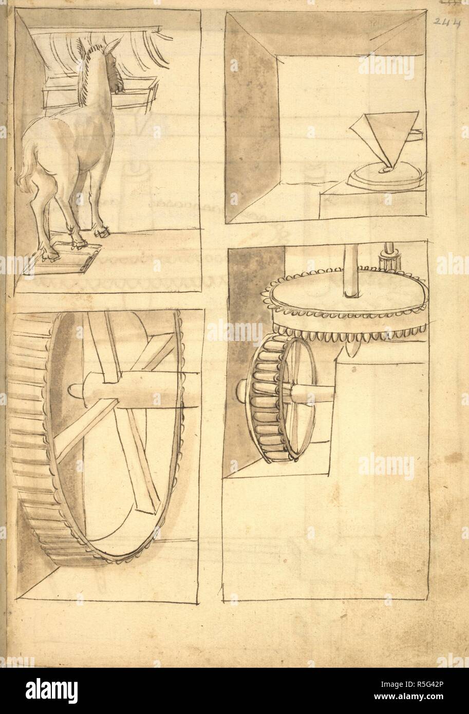 Ensemble (folio) le dessin mécanique à la plume et encre de horse-powered roue dentée. Della providentia della chuera. Au début du 16e siècle. Source : ajouter. 34113, f.244. Langue : Italien. Auteur : Martini, Francesco di Giorgio, de Sienne. Banque D'Images