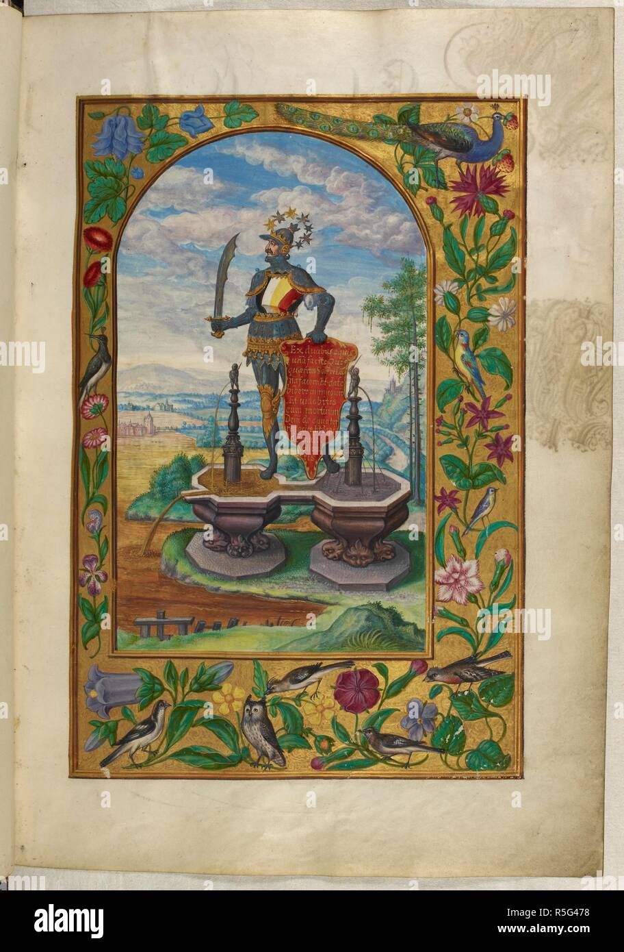 Illustration du Second Treatise ; un chevalier avec épée debout sur deux fontaines ; bordures décorées d'oiseaux et de fleurs. Splendor Solis. Allemagne, 1582. Source : Harley 3469, f.7. Langue : Allemand. Auteur : Trismosin, Salomon. Banque D'Images