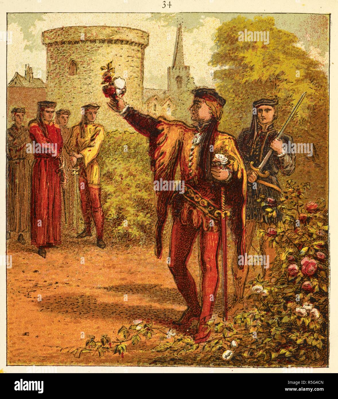 "Le rouge et le blanc roses". Une illustration représentant la scène apocryphe quand les partisans des factions rivales choisissez rouge ou des roses blanches ; le duc d'York est indiqué de choisir une rose blanche. Photos de l'histoire de l'Angleterre. Depuis les premiers temps de la période actuelle. Avec quatre-vingt-trois images, imprimées en couleurs par Kronheim. London : George Routledge & Sons, [1868]. Source : 9505.ss6 photo 34. Langue : Anglais. Banque D'Images