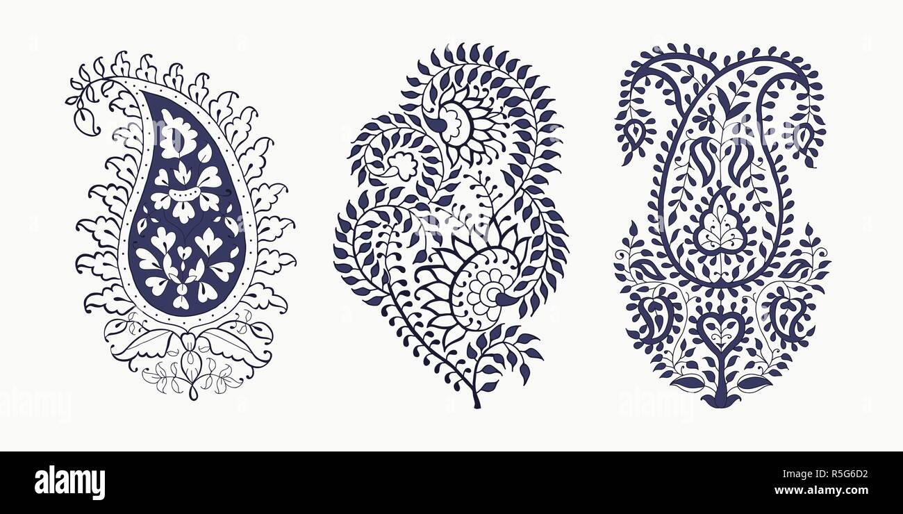 Ensemble de 3 éléments de Paisley. Parure ethnique oriental traditionnel de l'Inde, 2 couleurs. Pour votre conception. Illustration de Vecteur