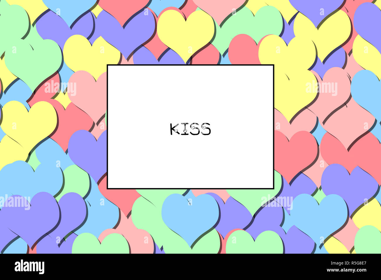 KISS love carte avec coeurs Pastel Arc-en-ciel en arrière-plan Banque D'Images