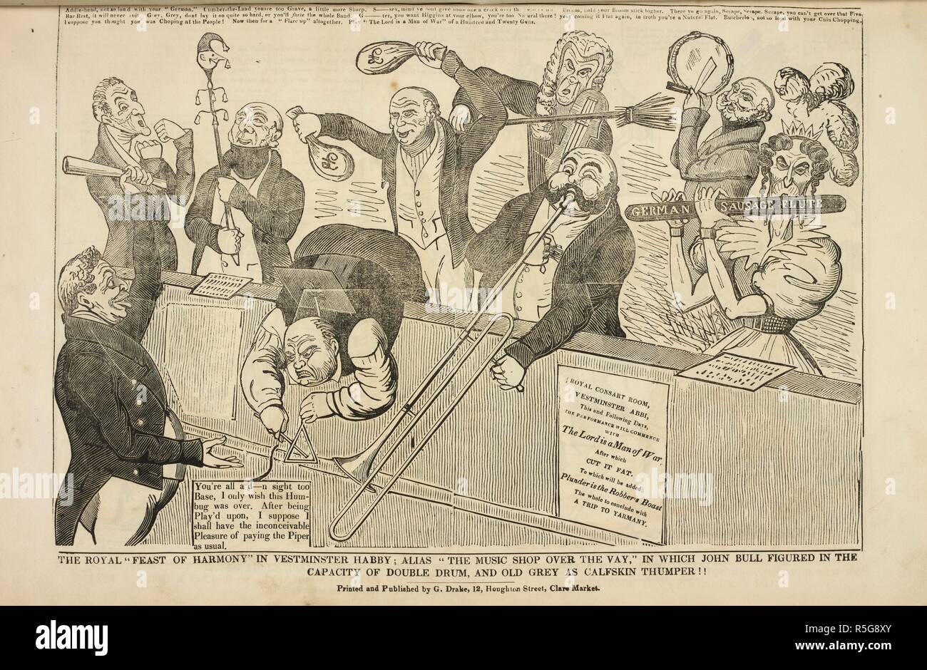 La fête de 'Royal harmonie" dans Vestminster Habby ; alias "le magasin de musique sur le vay', dans lequel John Bull figurait dans la capacité de double tambour, et de vieux cuir gris comme thumper ! ! ! John Bull et politiciens jouant d'un instrument avec le roi comme chef d'orchestre. Le drame politique. [Une série de caricatures.]. [Paris] : imprimé et publié par G. Drake, 12, Houghton Street, Clare, Marché [1834-1835.]. Source : HS.74/1630 n°42. Auteur : Grant, Charles Jameson. Banque D'Images