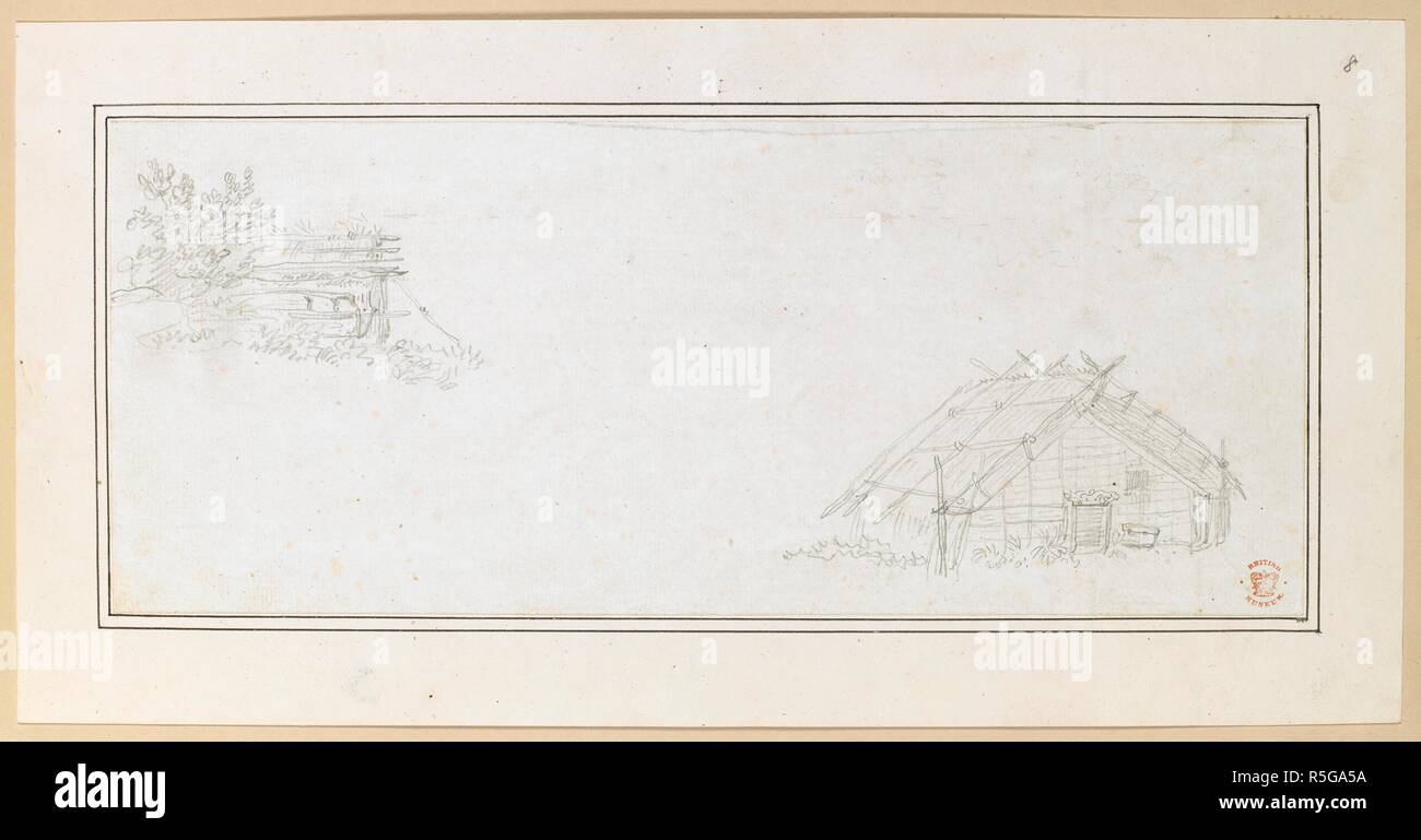 Habitatian indigènes. . Esquisses et dessins en couleur faites par J. Webber, au cours du troisième voyage du capitaine Cook, en 1776-1780,. 1776-1780. Source : ajouter. 17277, no8. Banque D'Images
